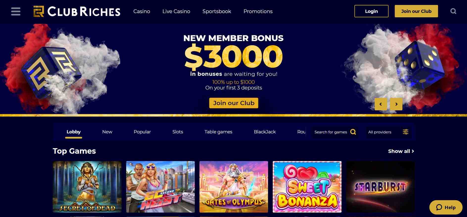 Club riches first screen