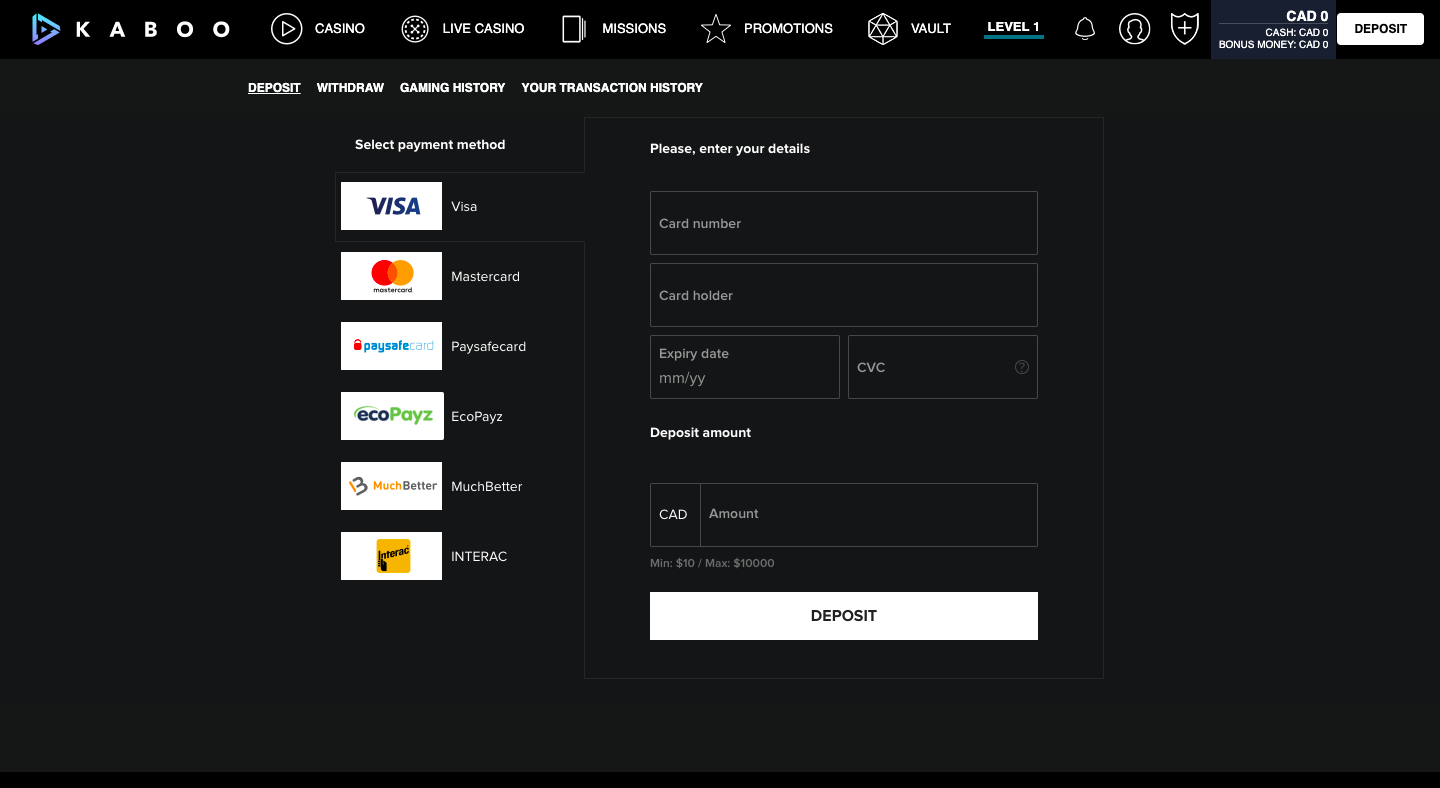 KabooCasino deposits