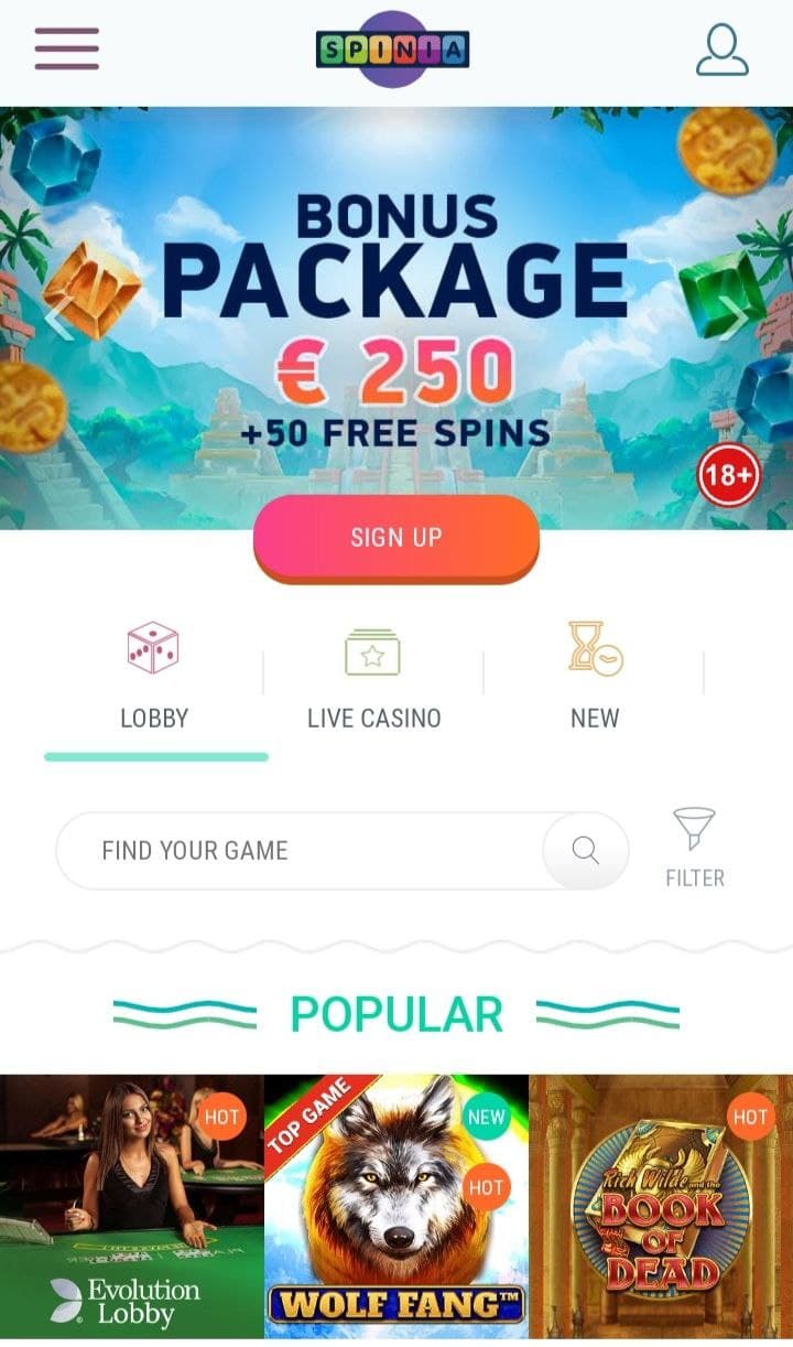SpiniaCasino First Screen