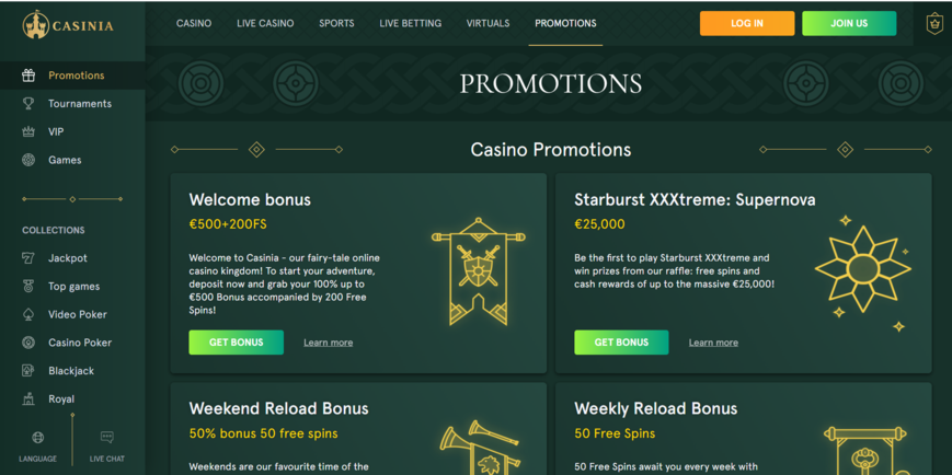 Casinia bonuses