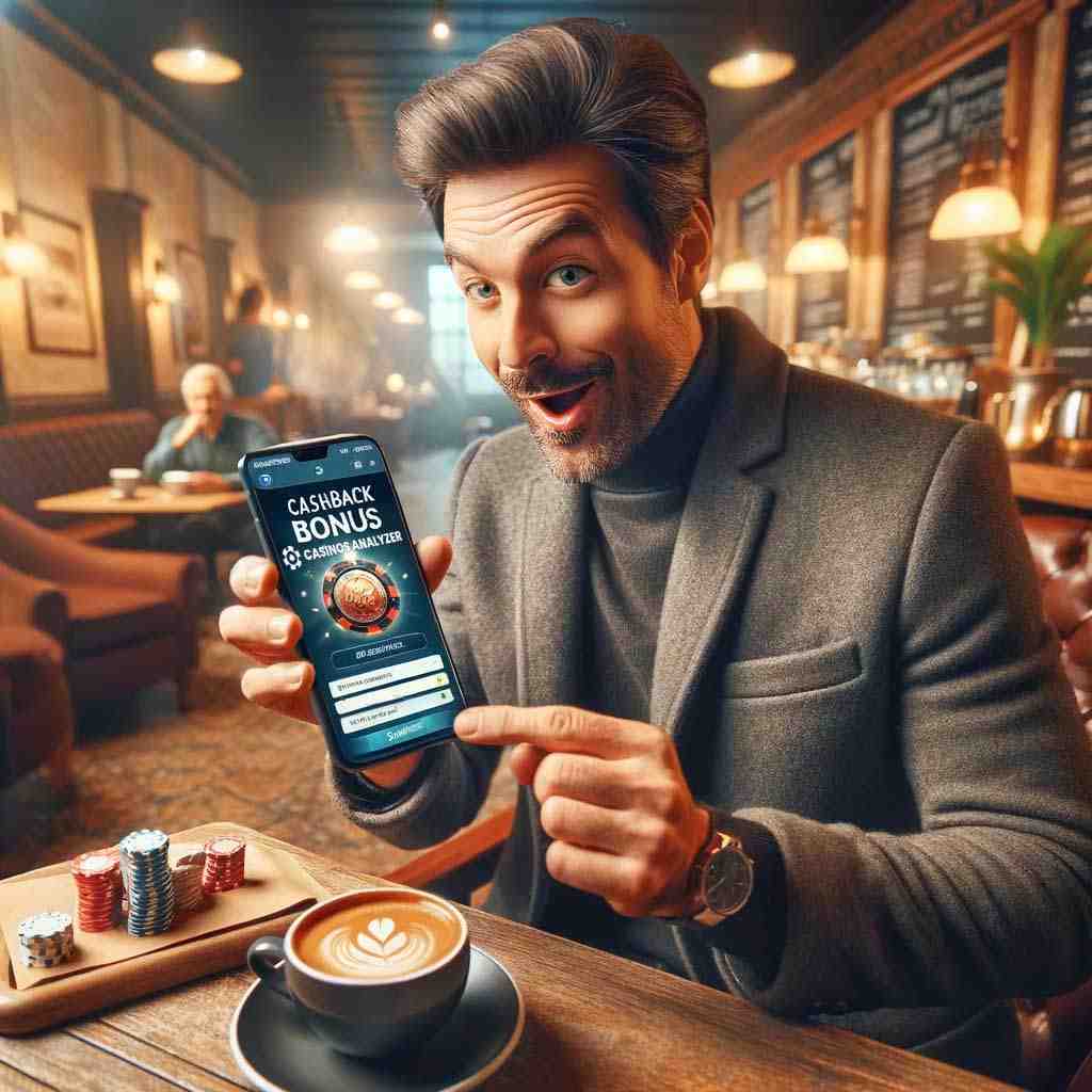 Cheerful man gets cashback bonus casino from casinos analyzer