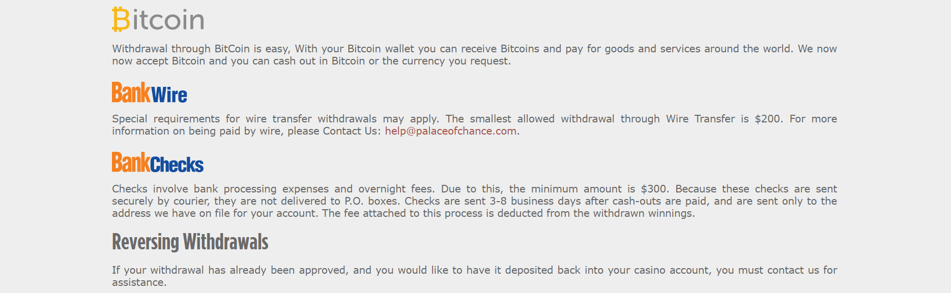 Palace of Chance withdrawal